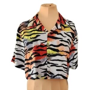 Ed‎ Hardy Premier Cropped Shirt Women's Large Bold Tiger Stripe Rainbow Print